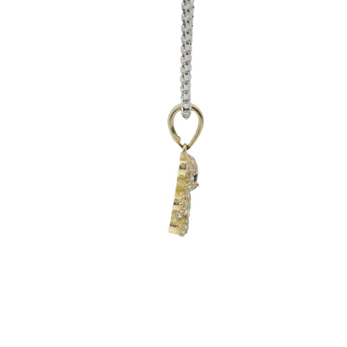 14KT Gold Charm Extra Small White CZ Stones Teddy Bear with Dark Green Heart Belly and Plain Bell