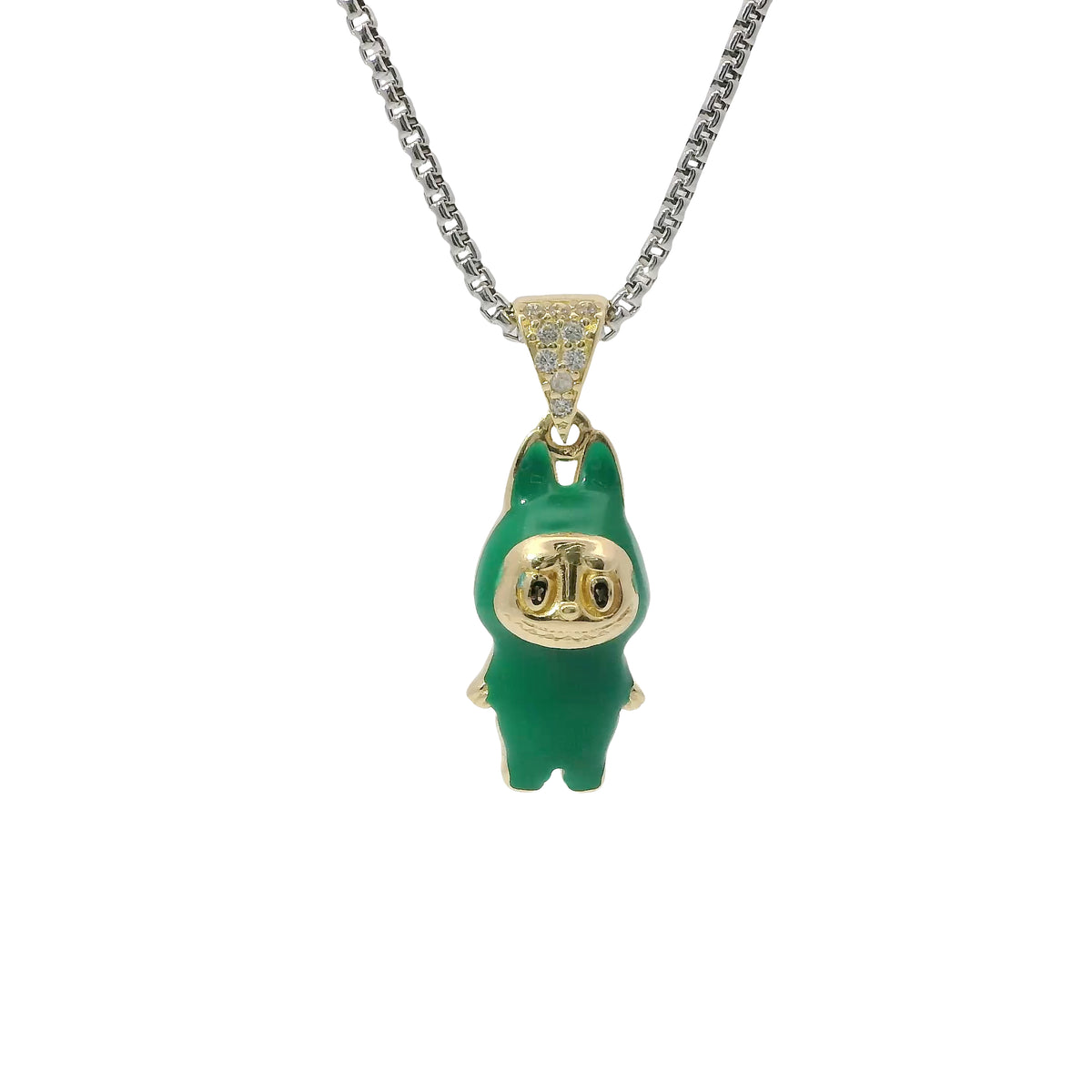 14KT Gold Charm Small 3D Dark Green Enamel LaBuBu Body and White CZ Stones Bell