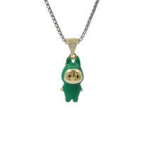 14KT Gold Charm Small 3D Dark Green Enamel LaBuBu Body and White CZ Stones Bell