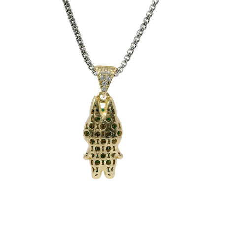 14KT Gold Charm Small 3D Dark Green Enamel LaBuBu Body and White CZ Stones Bell