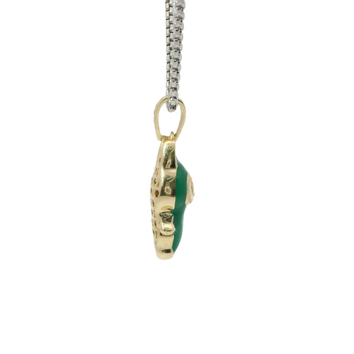 14KT Gold Charm Small 3D Dark Green Enamel LaBuBu Body and White CZ Stones Bell