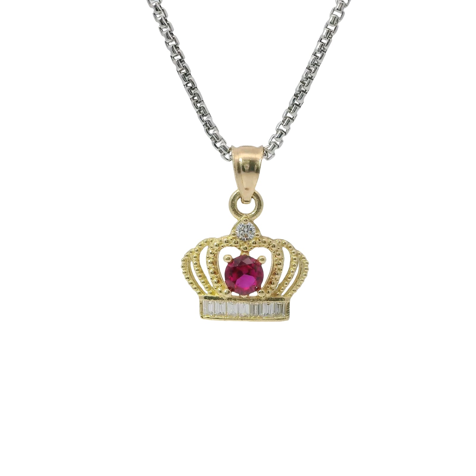 14KT Gold Charm Mini Open Crown Magenta Pink Round CZ Stone Center White Baguette CZ Stones Band and Plain Bell