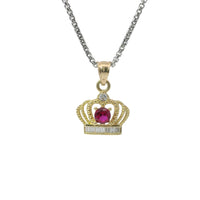 14KT Gold Charm Mini Open Crown Magenta Pink Round CZ Stone Center White Baguette CZ Stones Band and Plain Bell