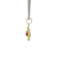 14KT Gold Charm Mini Open Crown Magenta Pink Round CZ Stone Center White Baguette CZ Stones Band and Plain Bell