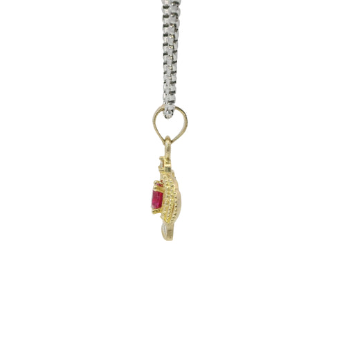14KT Gold Charm Mini Open Crown Magenta Pink Round CZ Stone Center White Baguette CZ Stones Band and Plain Bell