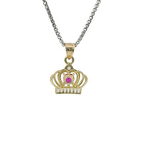 14KT Gold Charm Mini Open Crown Magenta Pink Round CZ Stone Center White Baguette CZ Stones Band and Plain Bell