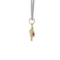 14KT Gold Charm Mini Open Crown Magenta Pink Round CZ Stone Center White Baguette CZ Stones Band and Plain Bell