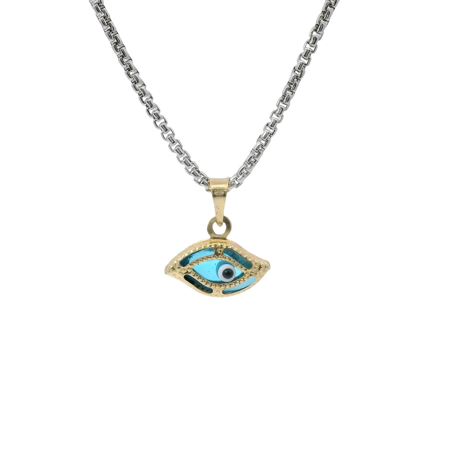 14KT Gold Charm Small 3D Turquoise Evil Eye with Plain Bell