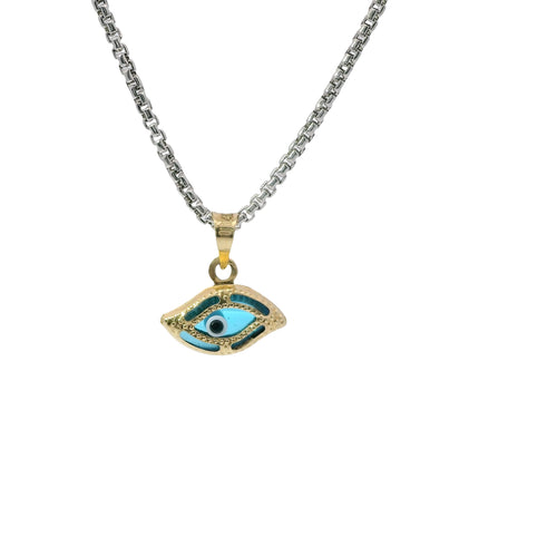 14KT Gold Charm Small 3D Turquoise Evil Eye with Plain Bell