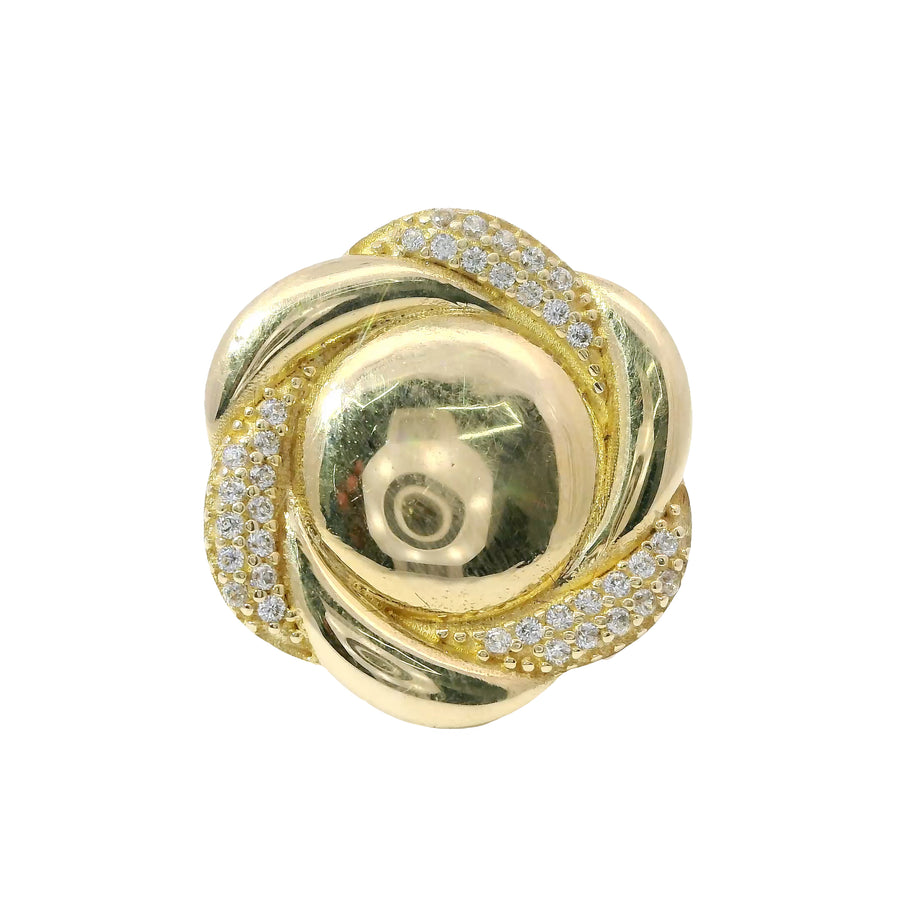 14KT Gold Women's Ring Mini Six Petal Pinwheel Flower Plain Center White CZ Stones on Petals with Triple Row White CZ Stones on Edge and Plain Band