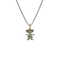 14KT Gold Charm Girl with Light Blue CZ Stone Belly and Plain Bell
