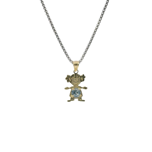14KT Gold Charm Girl with Light Blue CZ Stone Belly and Plain Bell