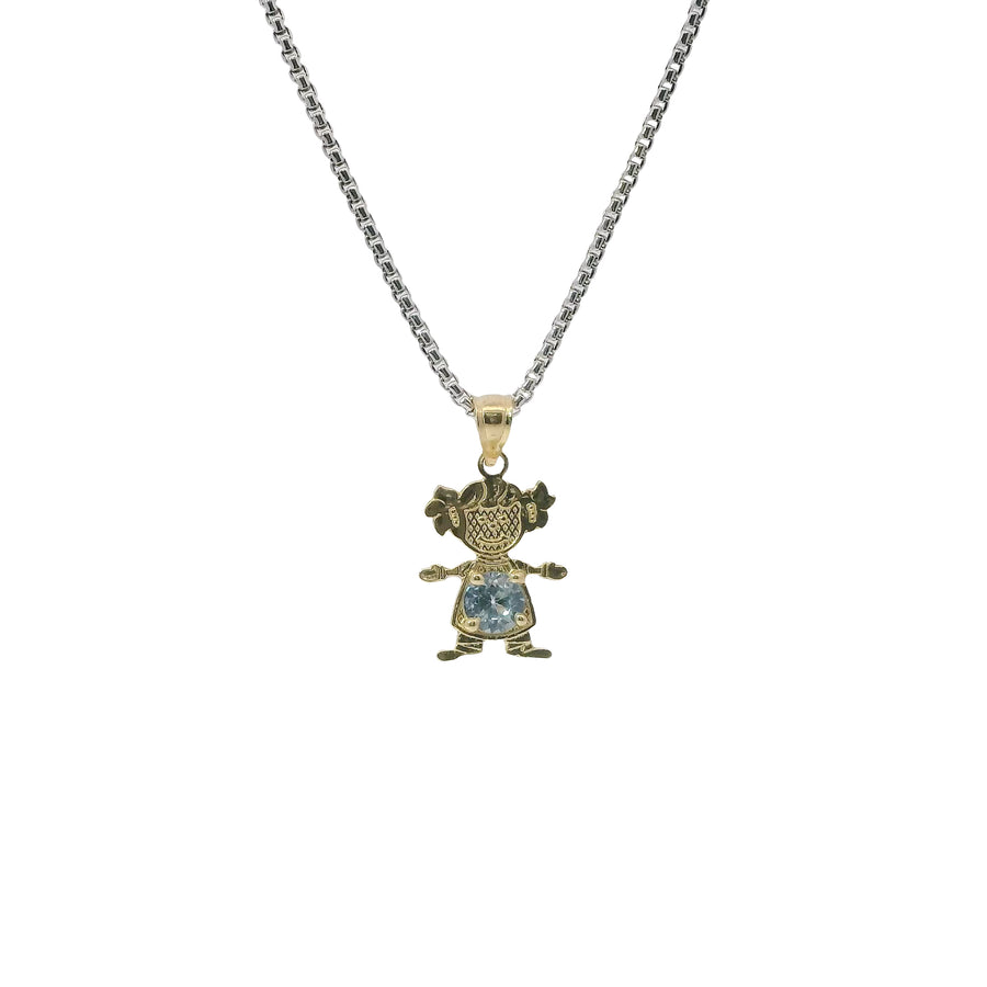14KT Gold Charm Girl with Light Blue CZ Stone Belly and Plain Bell