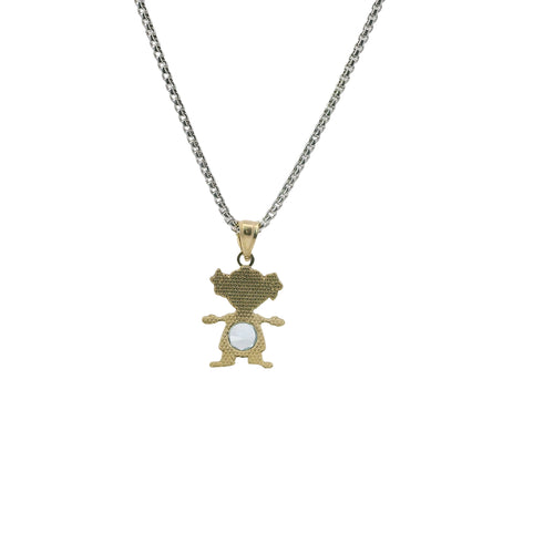 14KT Gold Charm Girl with Light Blue CZ Stone Belly and Plain Bell