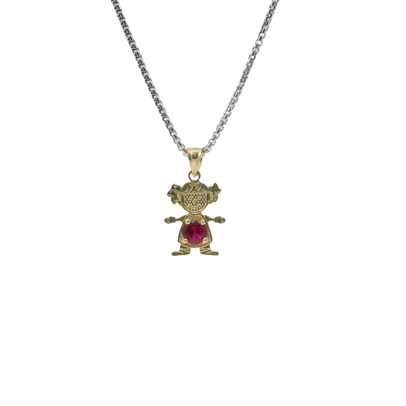 14KT Gold Charm Girl with Magenta CZ Stone Belly and Plain Bell