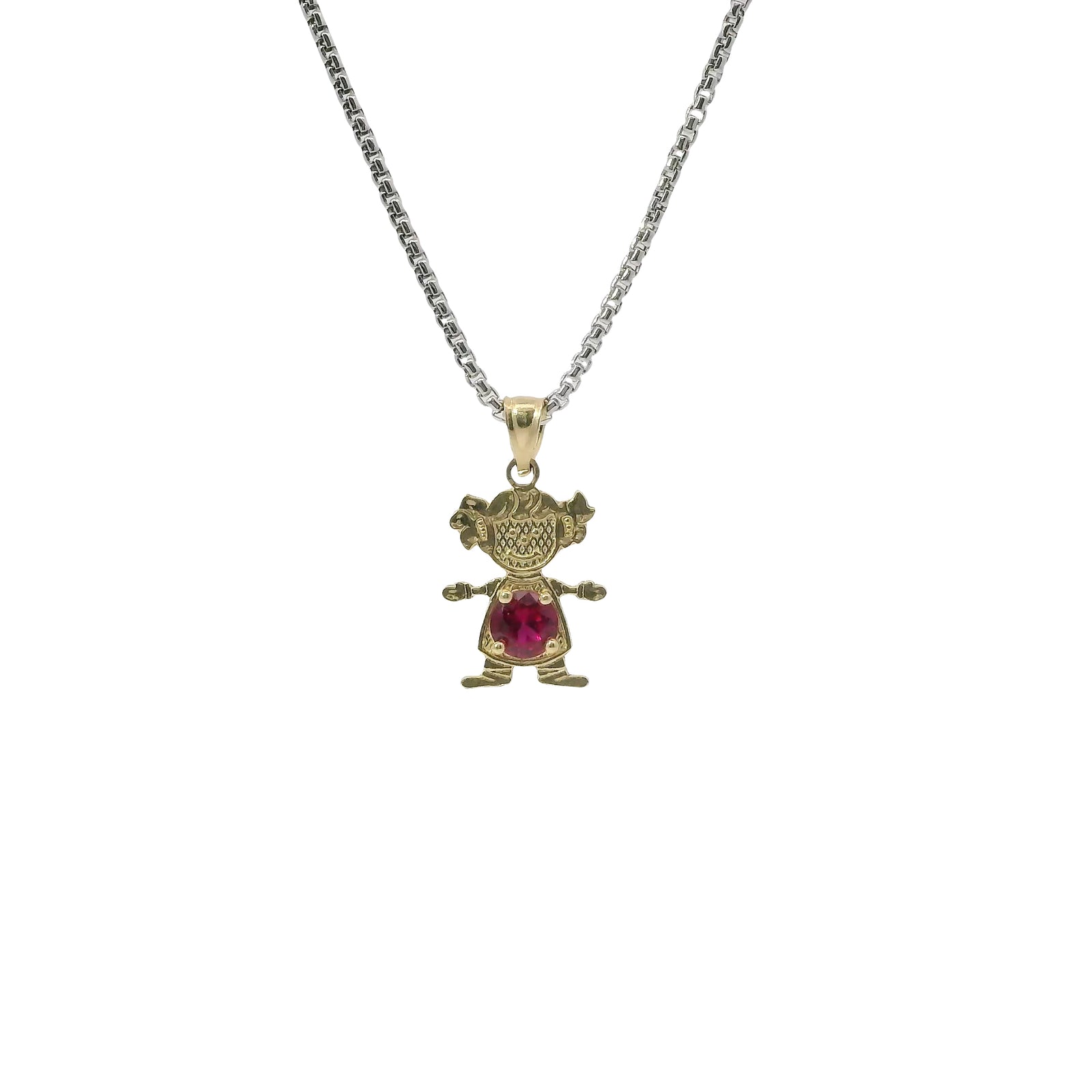 14KT Gold Charm Girl with Magenta CZ Stone Belly and Plain Bell