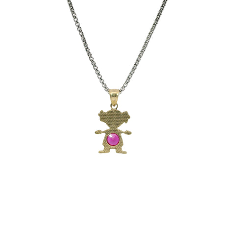 14KT Gold Charm Girl with Magenta CZ Stone Belly and Plain Bell