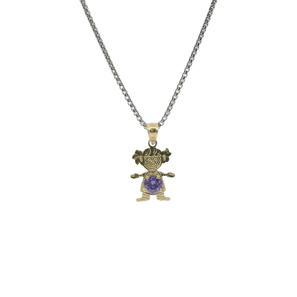 14KT Gold Charm Girl with Purple CZ Stone Belly and Plain Bell
