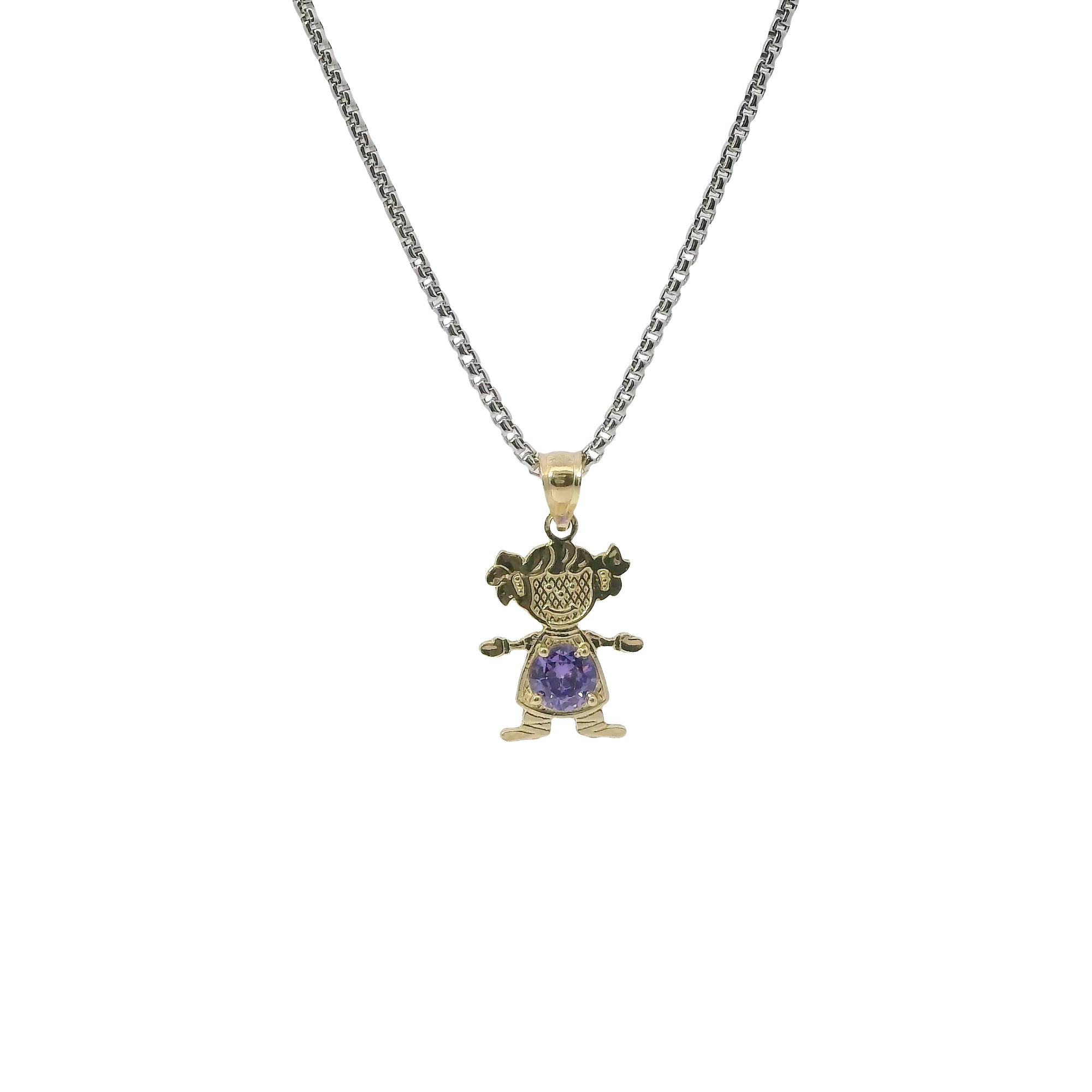14KT Gold Charm Girl with Purple CZ Stone Belly and Plain Bell