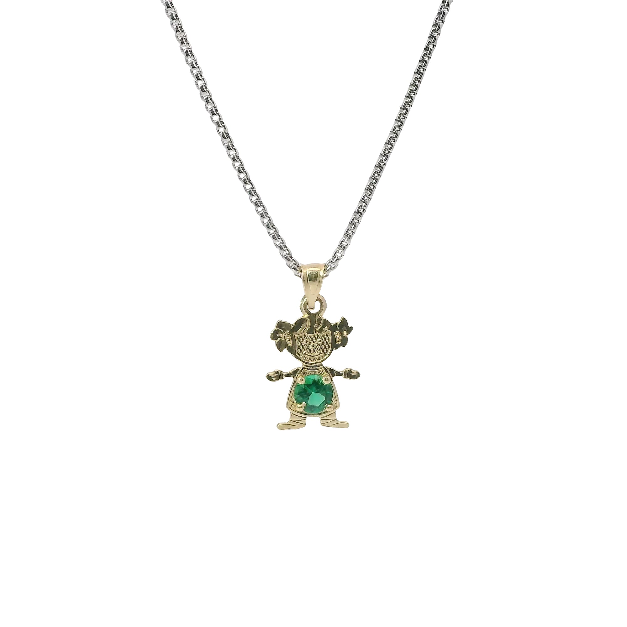 14KT Gold Charm Girl with Green CZ Stone Belly and Plain Bell