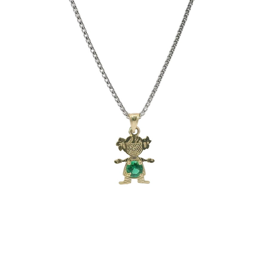 14KT Gold Charm Girl with Green CZ Stone Belly and Plain Bell