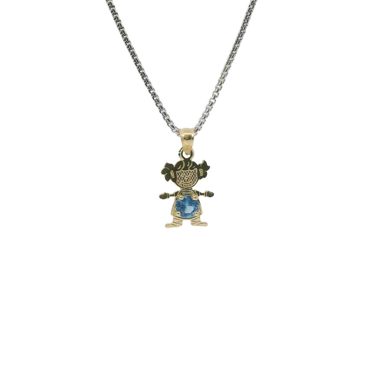 14KT Gold Charm Girl with Turquoise CZ Stone Belly and Plain Bell