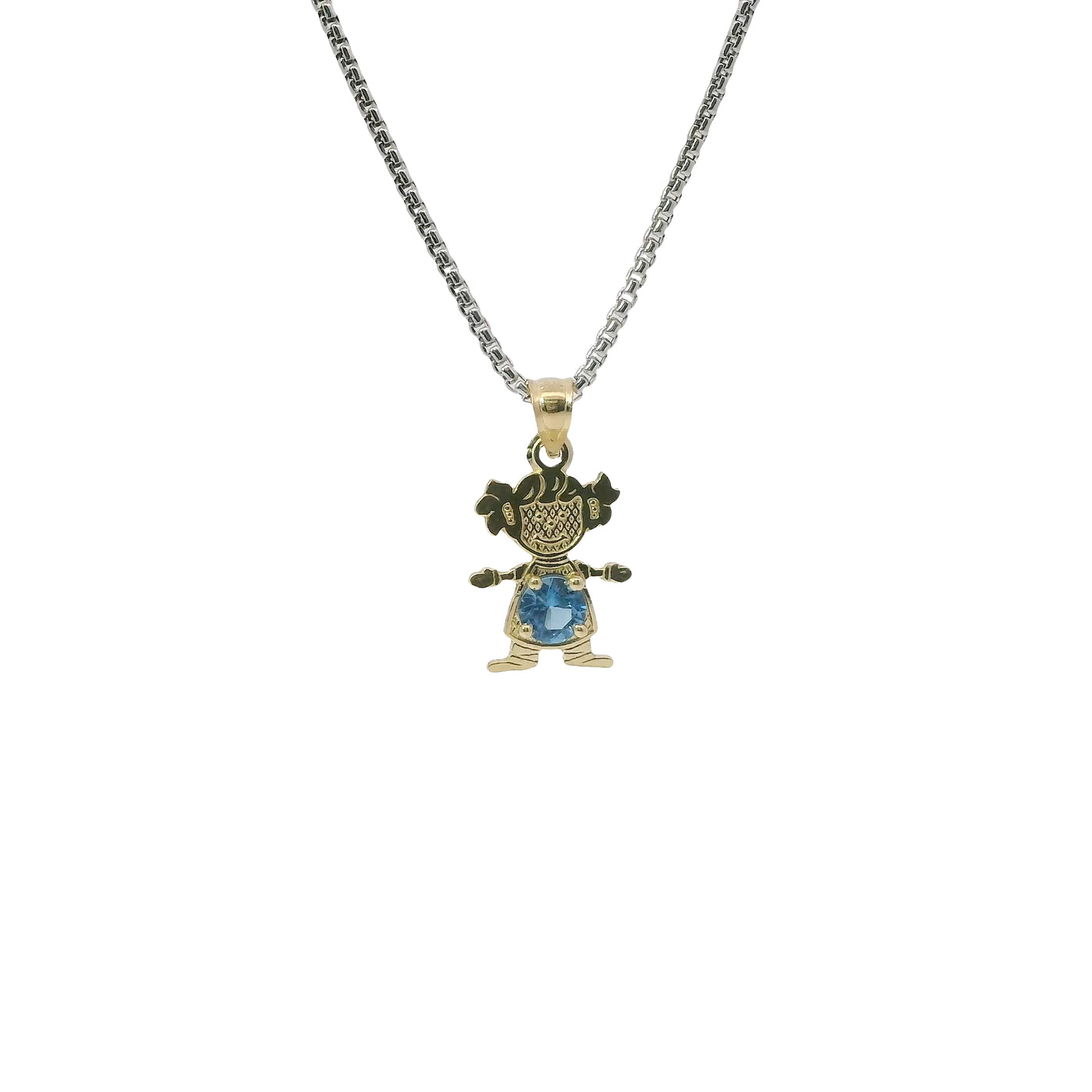14KT Gold Charm Girl with Turquoise CZ Stone Belly and Plain Bell
