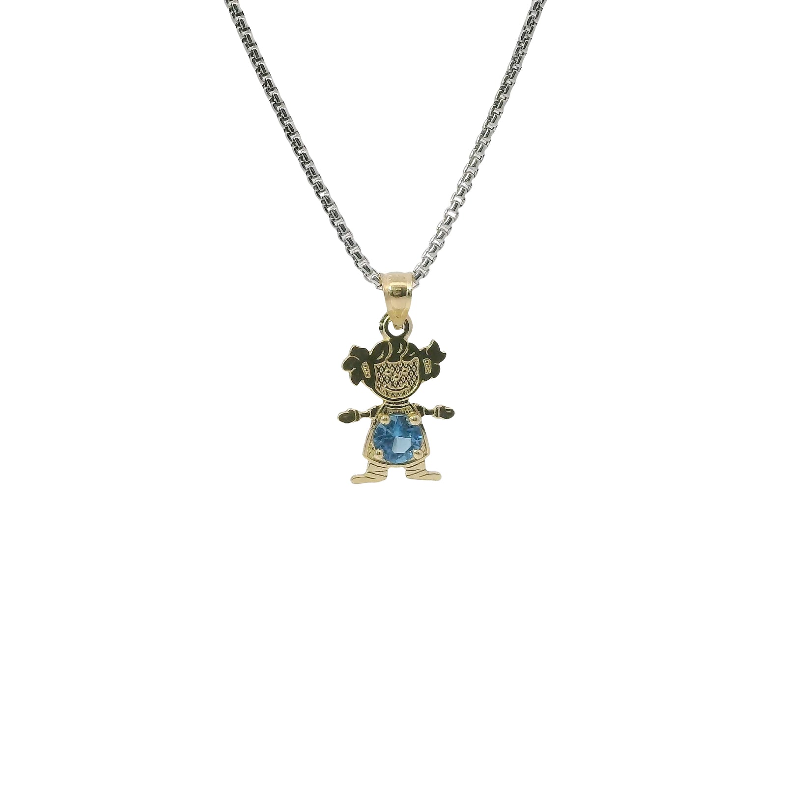 14KT Gold Charm Girl with Turquoise CZ Stone Belly and Plain Bell