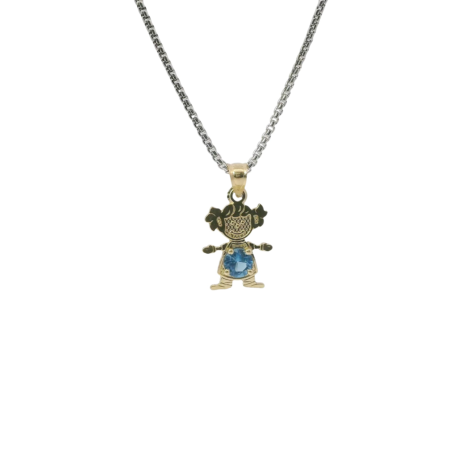 14KT Gold Charm Girl with Turquoise CZ Stone Belly and Plain Bell