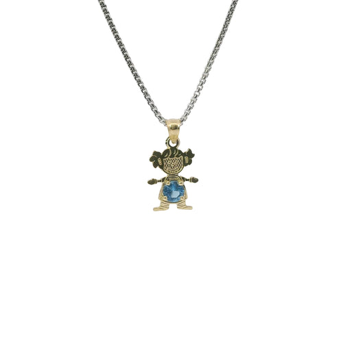 14KT Gold Charm Girl with Turquoise CZ Stone Belly and Plain Bell