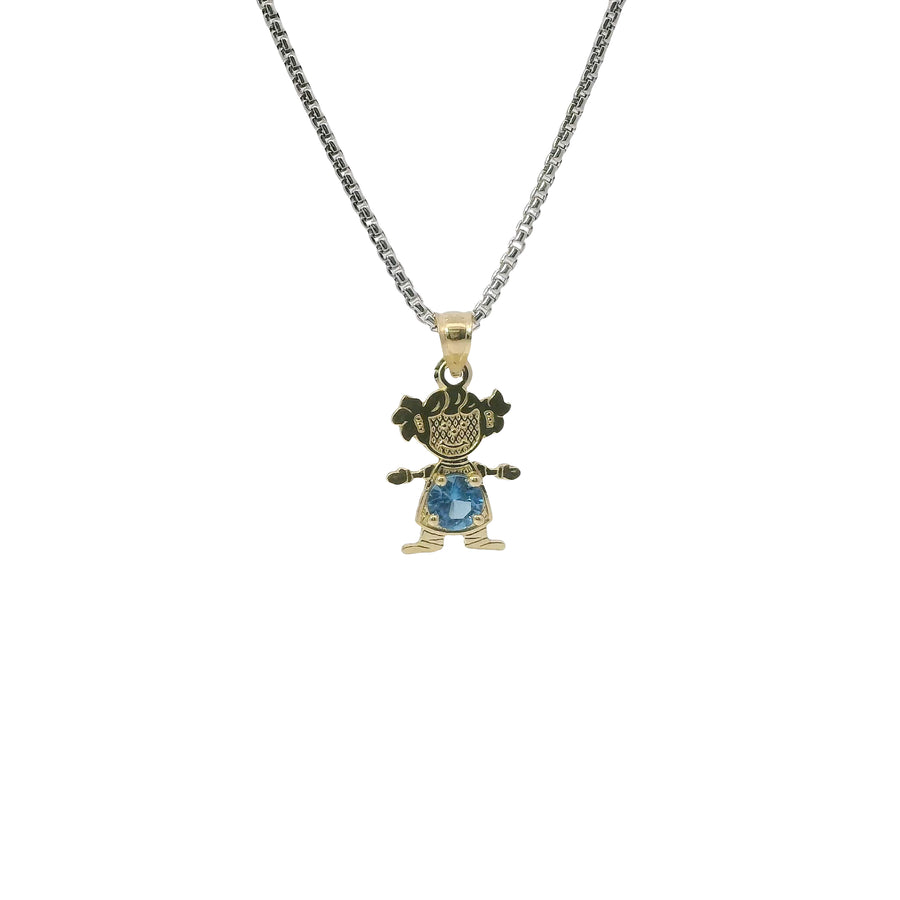 14KT Gold Charm Girl with Turquoise CZ Stone Belly and Plain Bell