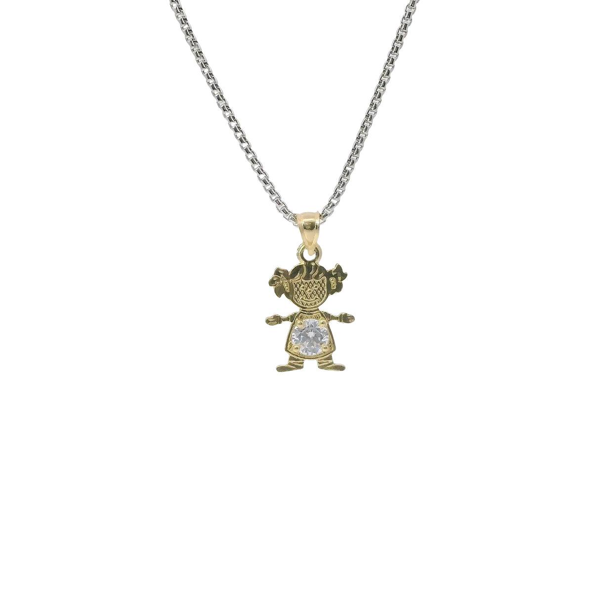 14KT Gold Charm Girl with White CZ Stone Belly and Plain Bell