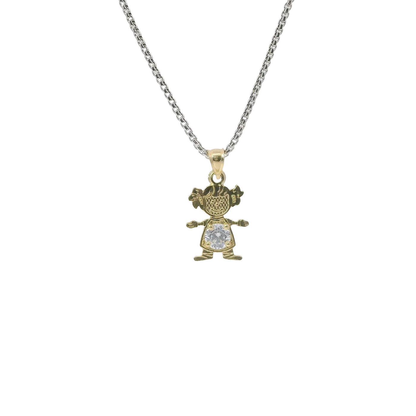 14KT Gold Charm Girl with White CZ Stone Belly and Plain Bell