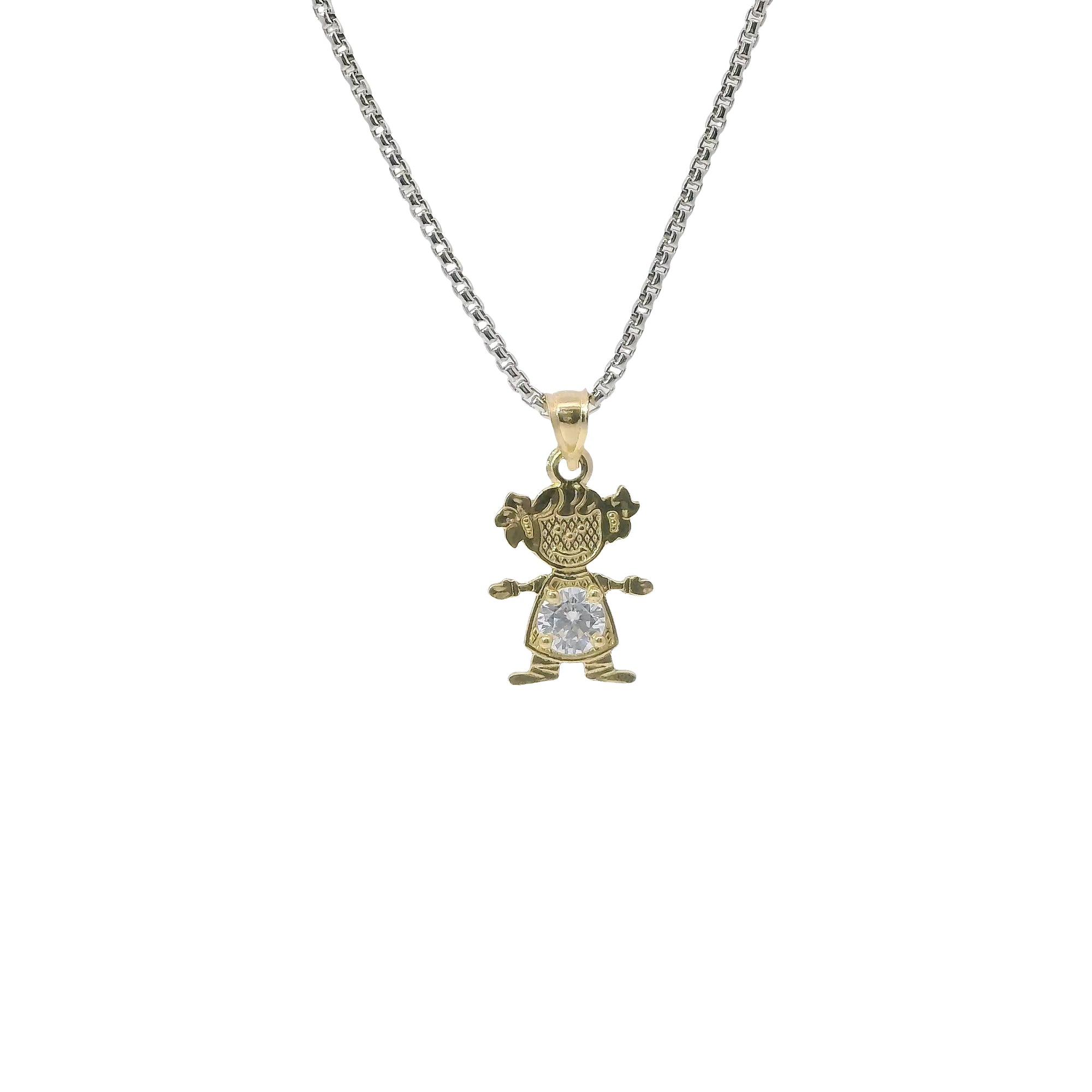 14KT Gold Charm Girl with White CZ Stone Belly and Plain Bell