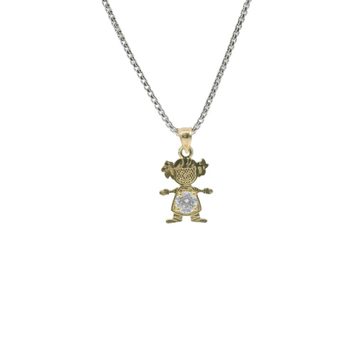 14KT Gold Charm Girl with White CZ Stone Belly and Plain Bell