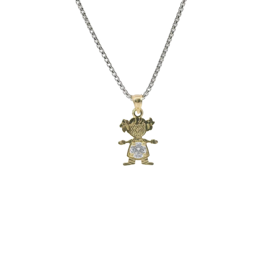 14KT Gold Charm Girl with White CZ Stone Belly and Plain Bell