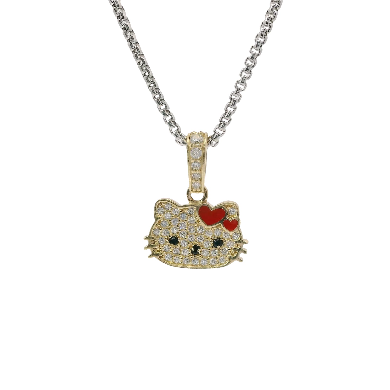 14KT Gold Charm Mini White CZ Stones Hello Kitty Head with Black Eyes and Nose, Two Red Enamel Hearts as Bow, and White CZ Stones Bell