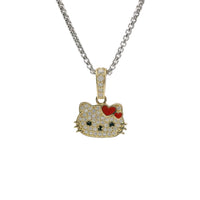 14KT Gold Charm Mini White CZ Stones Hello Kitty Head with Black Eyes and Nose, Two Red Enamel Hearts as Bow, and White CZ Stones Bell