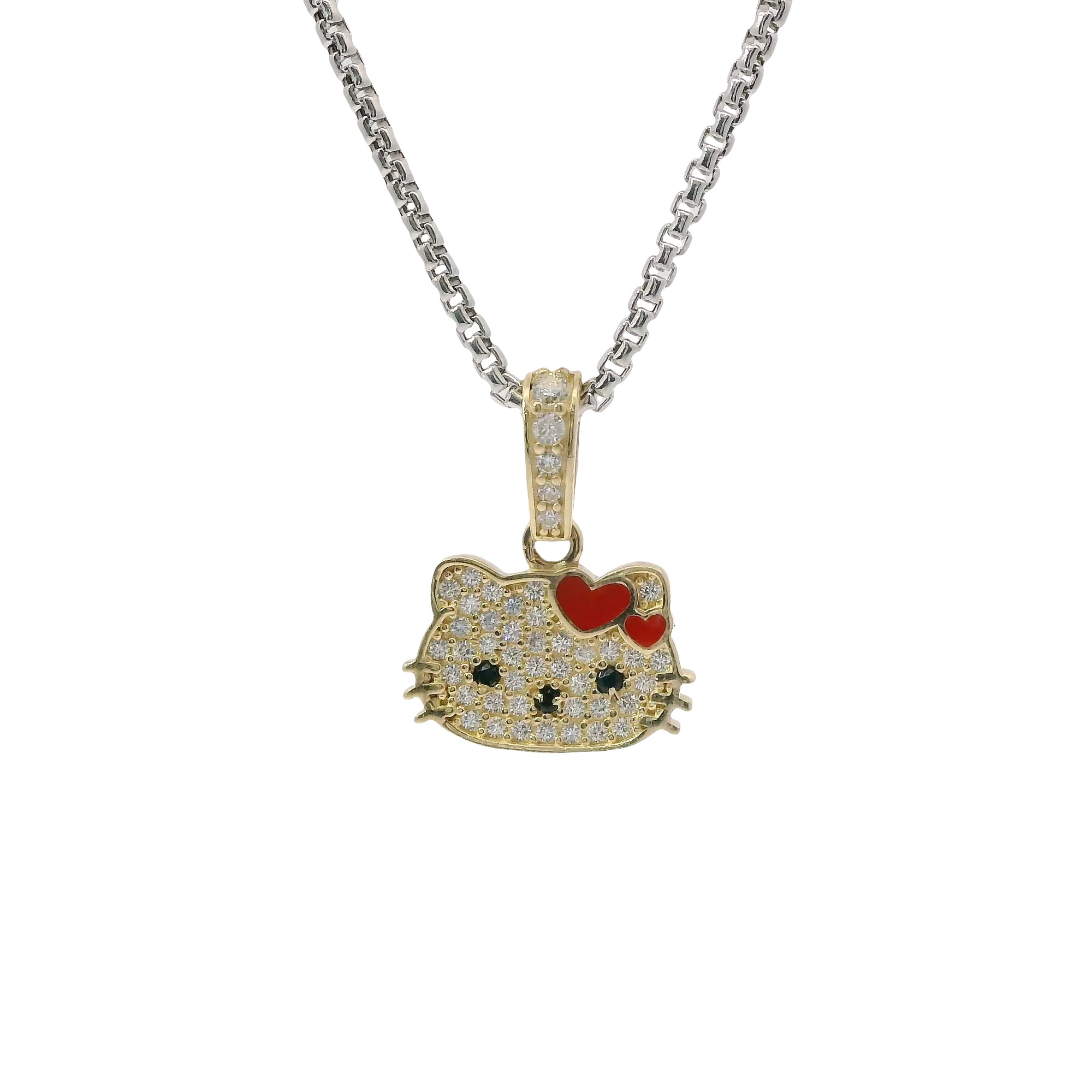 14KT Gold Charm Mini White CZ Stones Hello Kitty Head with Black Eyes and Nose, Two Red Enamel Hearts as Bow, and White CZ Stones Bell