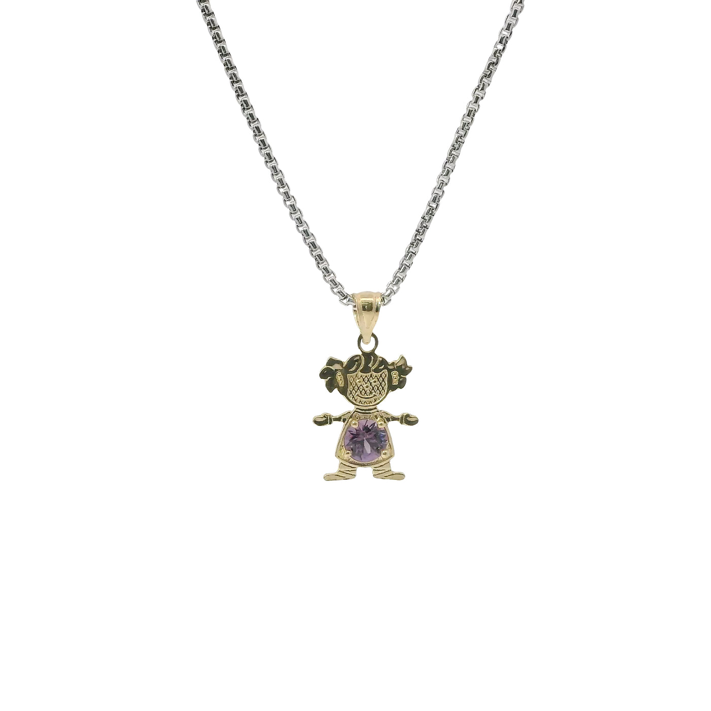 14KT Gold Charm Girl with Light Purple CZ Stone Belly and Plain Bell