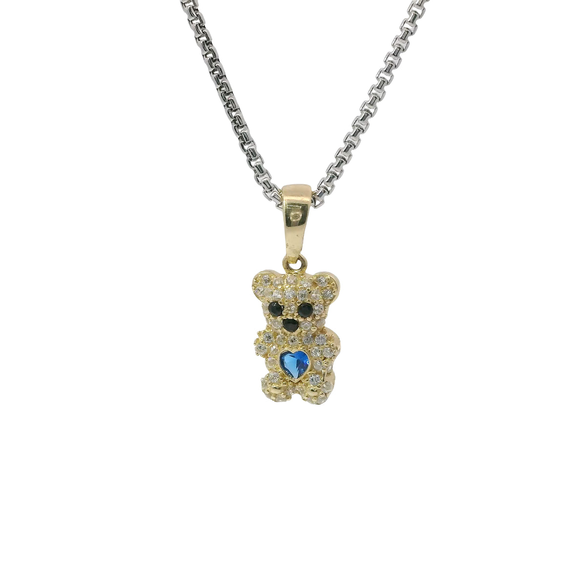 14KT Gold Charm Extra Small White CZ Stones Teddy Bear with Navy Blue Heart Belly and Plain Bell