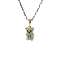 14KT Gold Charm Extra Small White CZ Stones Teddy Bear with Navy Blue Heart Belly and Plain Bell