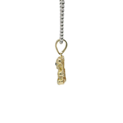 14KT Gold Charm Extra Small White CZ Stones Teddy Bear with Navy Blue Heart Belly and Plain Bell