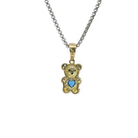 14KT Gold Charm Extra Small White CZ Stones Teddy Bear with Navy Blue Heart Belly and Plain Bell