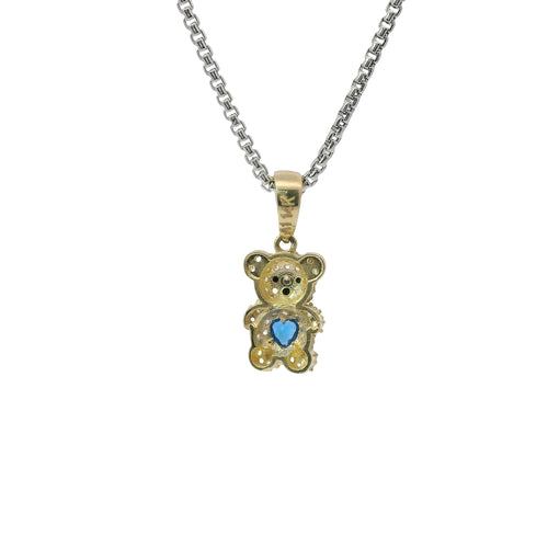 14KT Gold Charm Extra Small White CZ Stones Teddy Bear with Navy Blue Heart Belly and Plain Bell