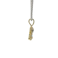 14KT Gold Charm Extra Small White CZ Stones Teddy Bear with Navy Blue Heart Belly and Plain Bell