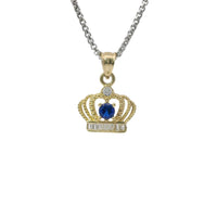 14KT Gold Charm Mini Open Crown Royal Blue Round CZ Stone Center White Baguette CZ Stones Band and Plain Bell