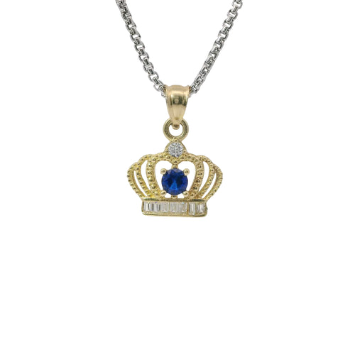 14KT Gold Charm Mini Open Crown Royal Blue Round CZ Stone Center White Baguette CZ Stones Band and Plain Bell