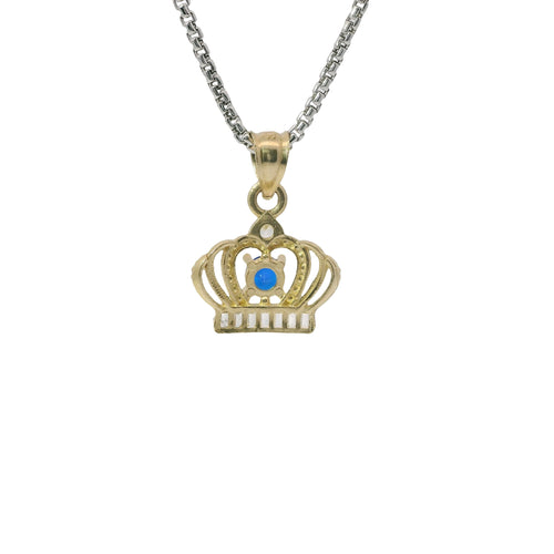 14KT Gold Charm Mini Open Crown Royal Blue Round CZ Stone Center White Baguette CZ Stones Band and Plain Bell