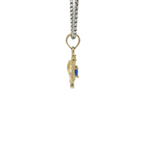 14KT Gold Charm Mini Open Crown Royal Blue Round CZ Stone Center White Baguette CZ Stones Band and Plain Bell